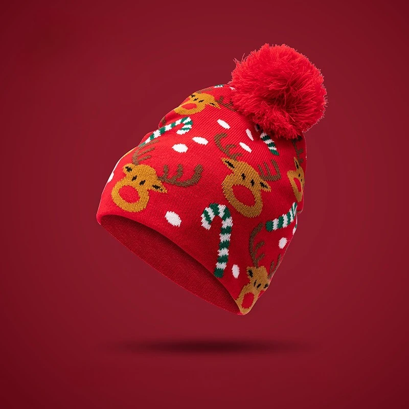

Knitted Hat Red Festive with Hairball Santa Claus Christmas Tree Elk Jacquard Knitted Hat Gorra Kawaii Mario Bros Lolita Hat