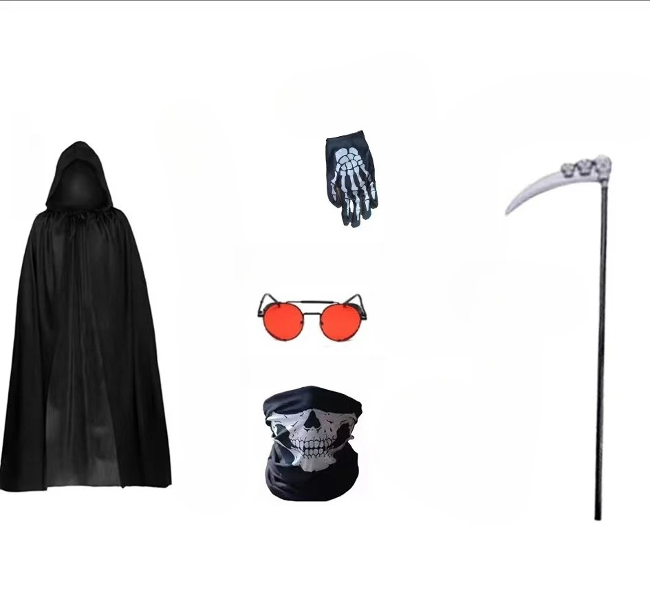 

PESENAR Halloween Death costume: cloak, skeleton gloves and mask, sunglasses, sickle, suitable for Death-themed role-playing