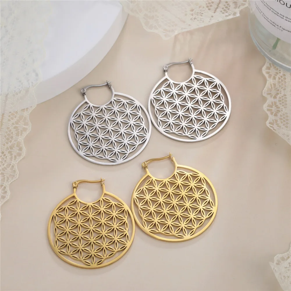 Skyrim New Flower of Life Hoop Earrings Stainless Steel Gold Color Amulet Sacred Geometry Drop Earring Jewelry Gift for Women