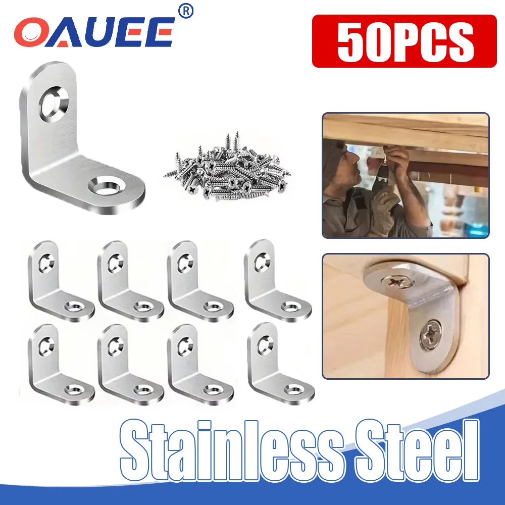 50pcs Stainless Steel Corner Code 90° L-Shaped Bracket Fixing Parts Right Angle Furniture Hardware Accessories Connecting Parts