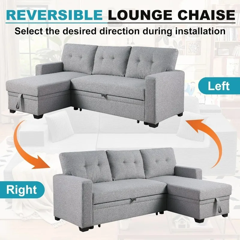 أريكة نوم على شكل حرف L مع كرسي تخزين، 53 سرير أريكة قابل للسحب لغرفة المعيشة، أريكة كتان مقطعية للشقق #6