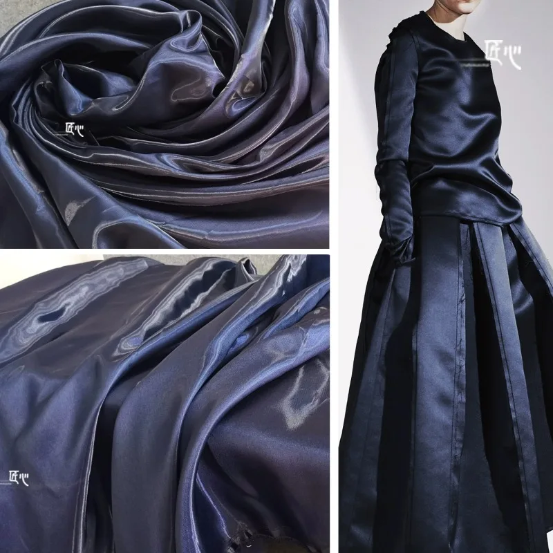 Reflective/Dark Blue Crystal Memory Glow Suit Big Dress Stage Lighting Fabric Trench Coat Skirt Fabrics