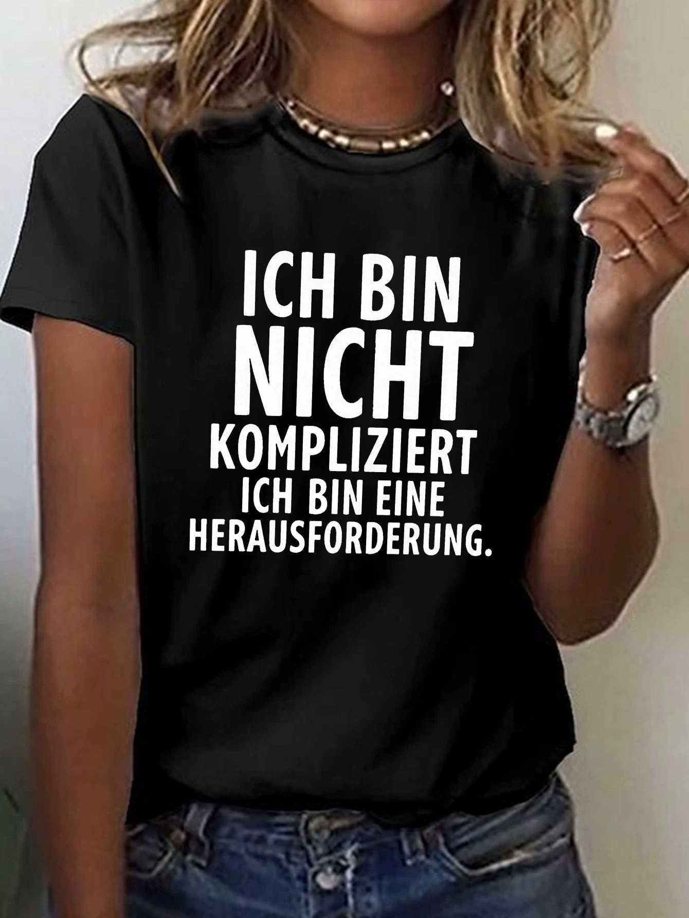 Women's Funny German Phrase Print T-Shirt German Quote Challenge Spirit Casual Short Sleeve Crew Neck Tee Tops with German Text