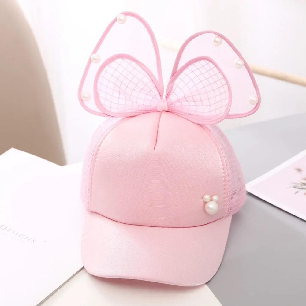 

Cute Big Bowknot Girls Baseball Cap Pearl Adjustable Kids Sun Hat Long Brim Mesh Breathable Children Peaked Caps