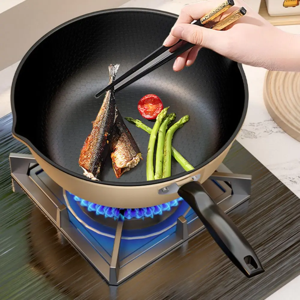 Honeycomb Pattern Non-Stick Frying Pan Scratch Resistant Dual-sided Drainage Ports Frying Wok Deepened Lightweight Cooking Pot