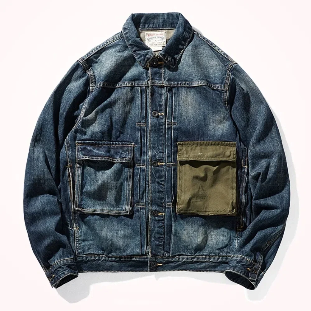 

Denim jacket men's retro work jacket contrasting color patchwork Ami Kaji heavy American casual lapel denim jacket