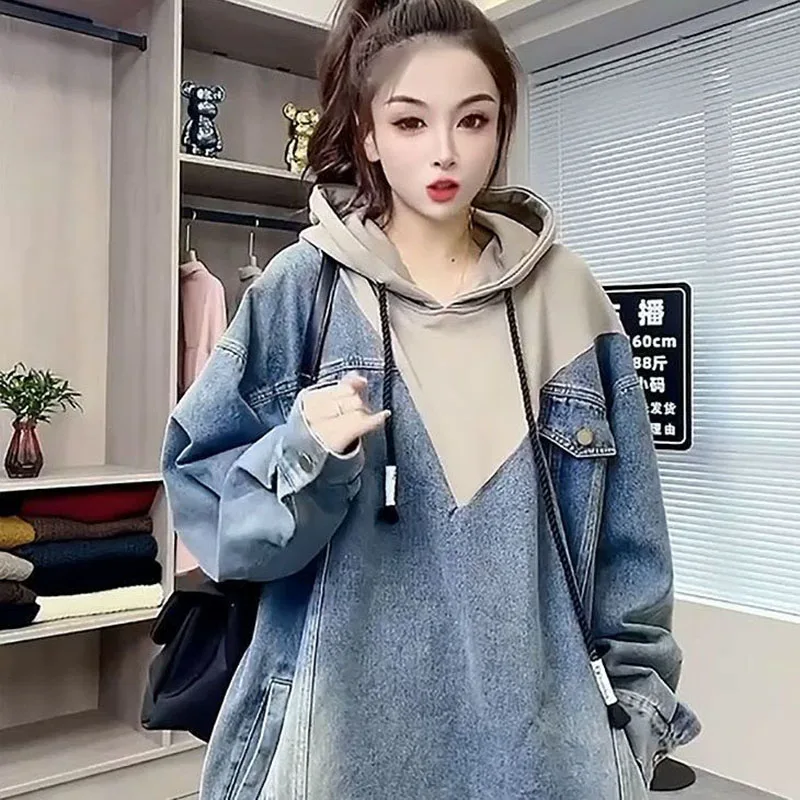 Oversized Female Hooded Denim Coat Spliced Pullover Hoodie Spring Autumn Loose Casual Long Motorcycle Jacket Fashion Womens Wear