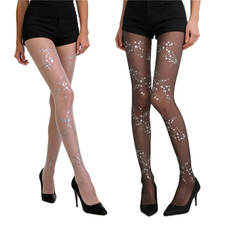 Collants fins pour femme en soie noire, motif bouquet de fleurs imprimées en feuille d'aluminium, avec paillettes argentées scintillantes, anti-accrocs, pour l'été