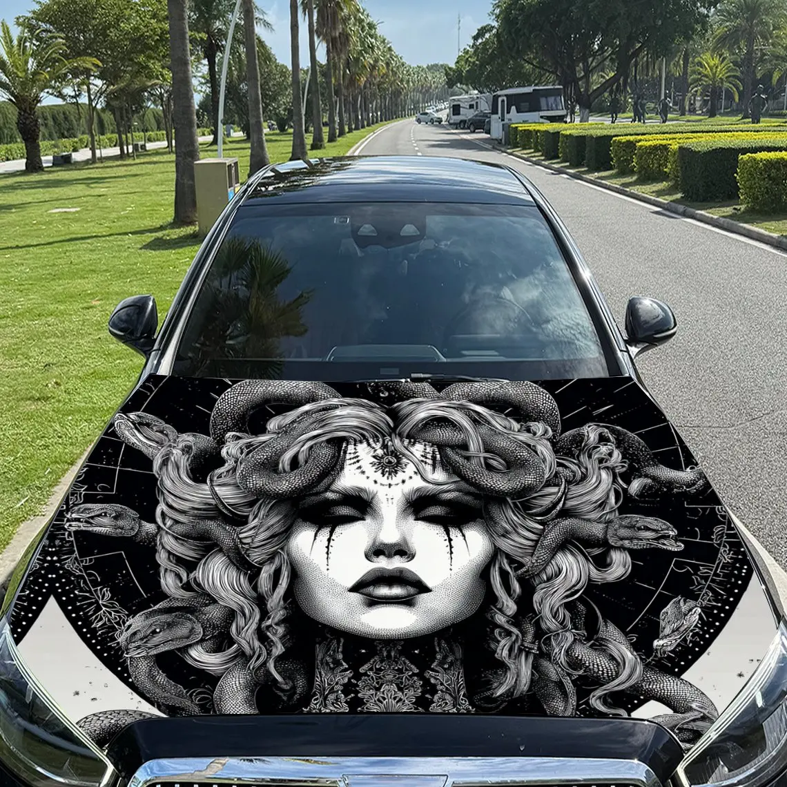 

Black and White Style Woman with Snake Hair Car Vinyl Wrap, PVC Material Waterproof Car Hood Sticker, Self-Adhesive Scratch-Resi