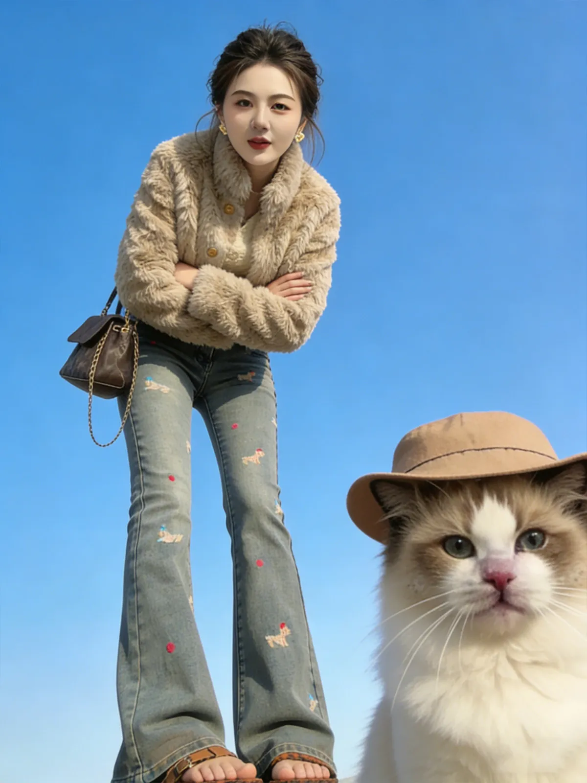 

Джинсы с высокой талией, на флисовой подкладке, с вышивкой, расклешенные, женские, осенне-зимние, новая модель, облегающие, буткат, повседневный стиль