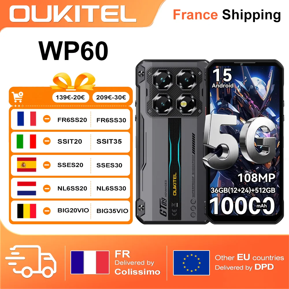 OUKITEL WP60 5G 36GB(12 + 24) RAM 512GB ROM 7.2 ”HD + 120Hz écran Smartphone MTK 7025 10000mAh téléphone robuste 108MP Android 15 NF
