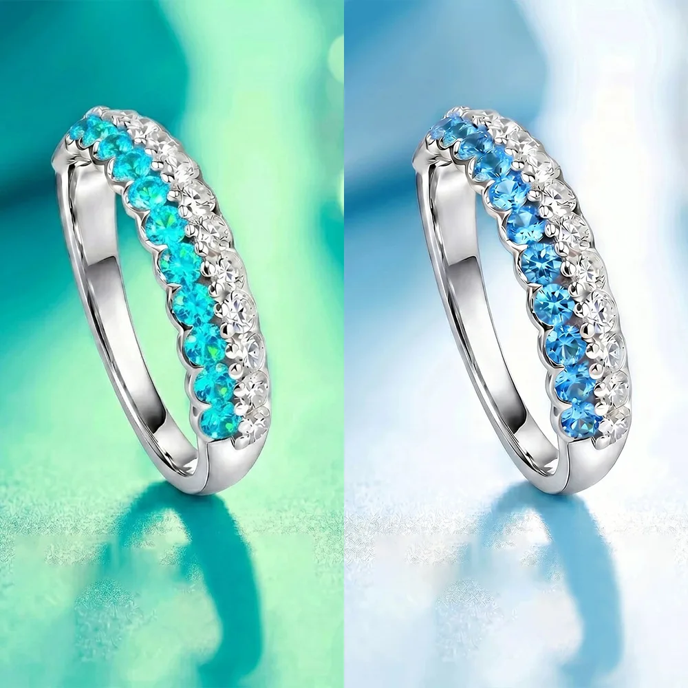 Fashionable Simple And Versatile 925 Sterling Silver Double Row Diamond Contrasting Ring With Exquisite Stacked Sea Blue Diamond