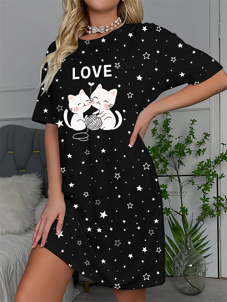 New Women's Summer Cat-Print Casual Pajamas Loose-Fitting Comfortable Short-Sleeve Loungewear Dress with A Soft Texture