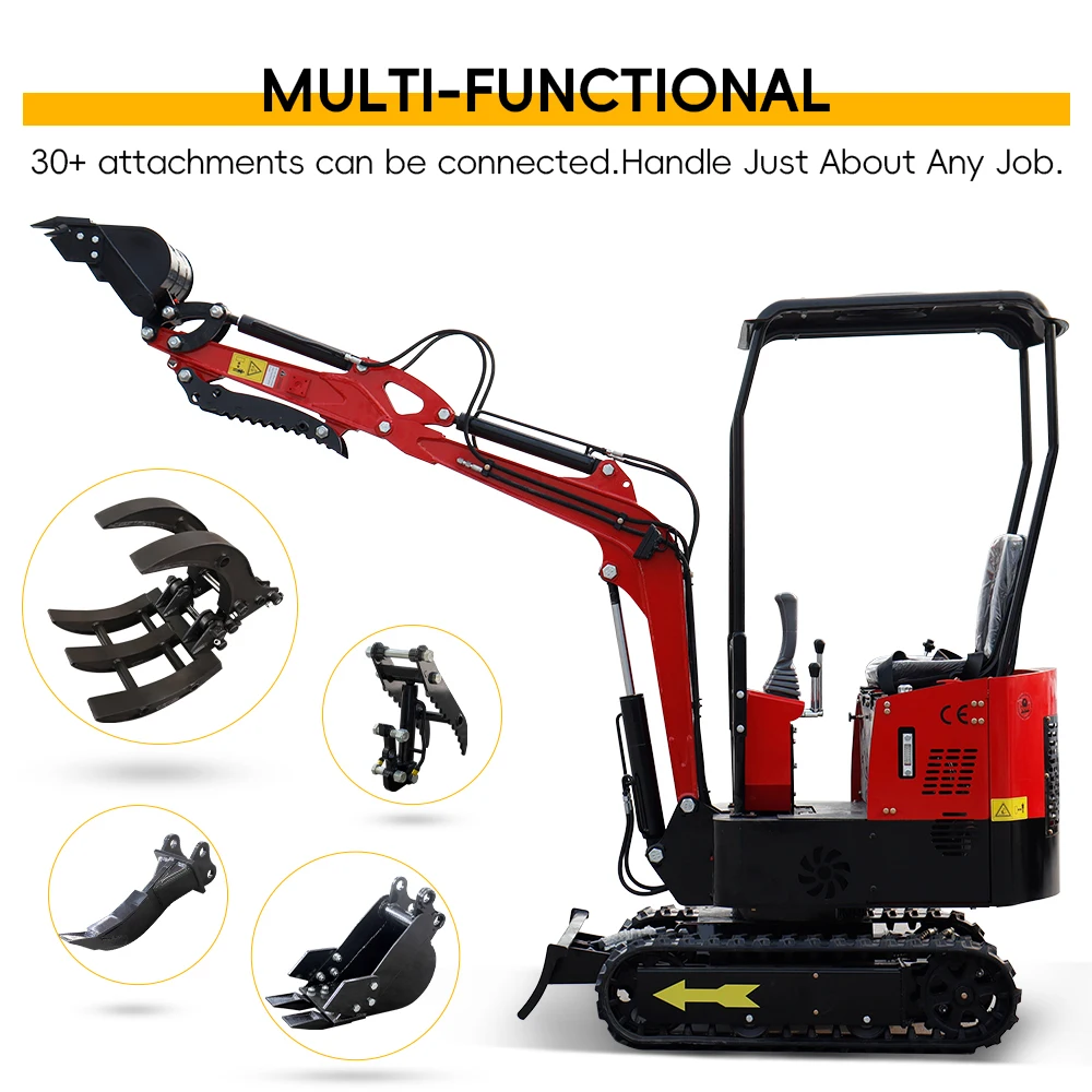 Mini Excavator 1 Ton Hydraulic Crawler Trench Digger with 380mm Tooth Bucket and Mechanical Thumb For Farm Garden