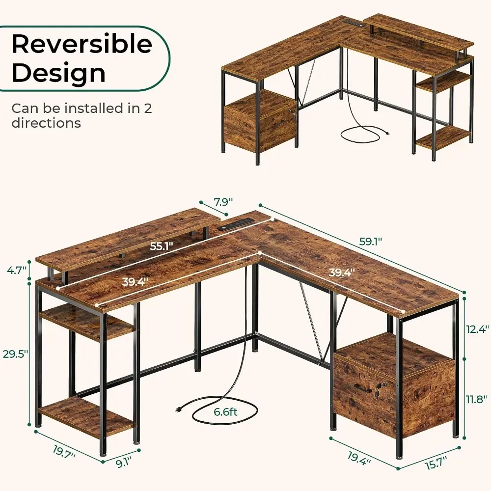 Reversible Computer Desk With File Cabinet & Storage Shelves L Shaped Computer Desk With Power Outlets & LED Lights Freight Free