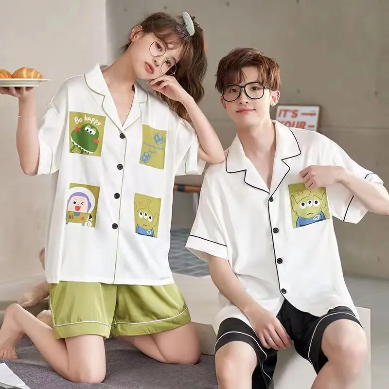 Couple Lovers Pajamas Set for Men Woman Cartoon Summer Thin Pyjama Dinosaur Sleepwear Ice Silk Matching Roomwear Home Clothes