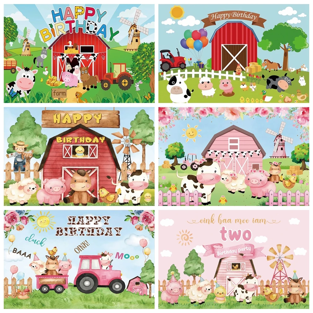 

Cartoon Farm Animal Backdrop Barn Wooden Fence Tractor Newborn Baby Shower Birthday Party Photography Background Photo Studio