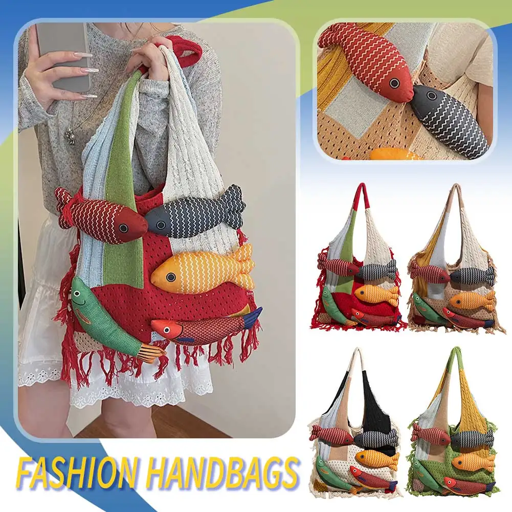 

Вязаные крючком пляжные сумки на плечо, женская летняя вязаная сумка-тоут, большая вместительная сумка на плечо в стиле бохо с милой кукольной рыбой ручной работы