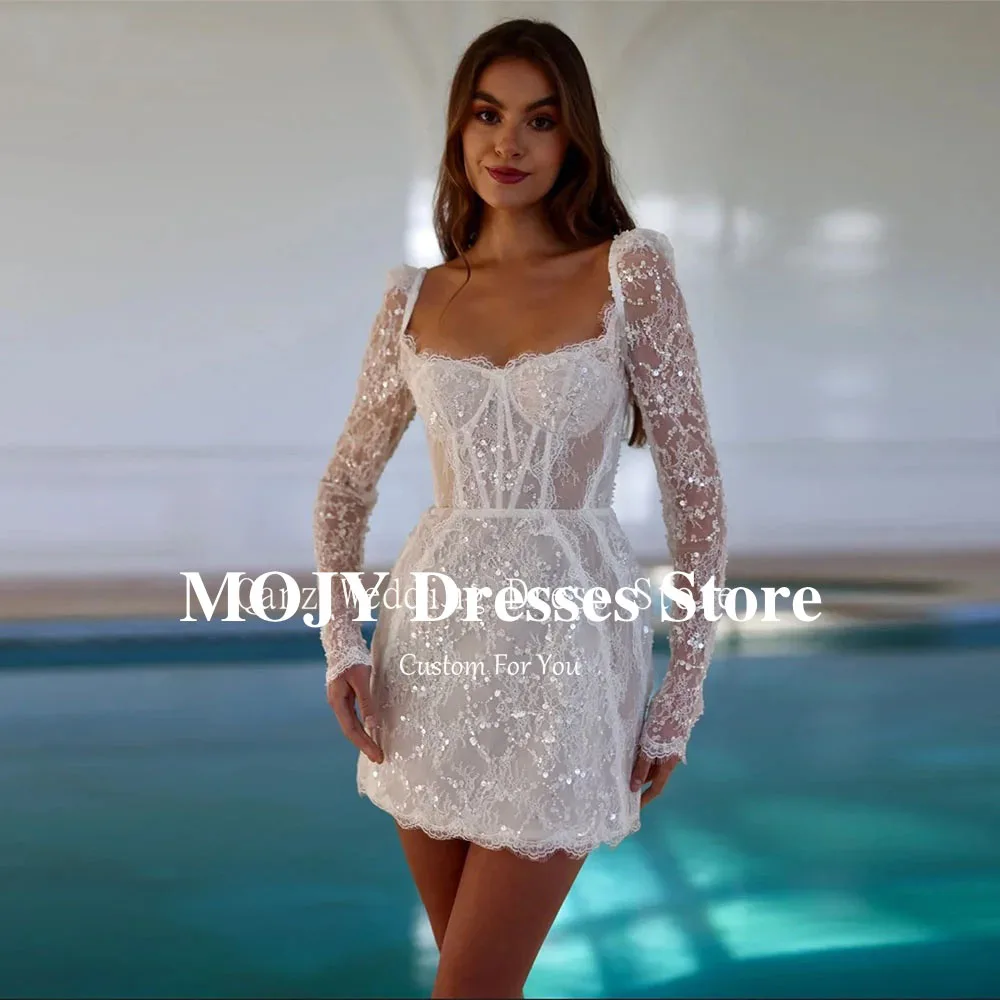 

Mojy Modern Shiny Sequined Wedding Dress Long Sleeves Corset Back Short Vestidos De Novia Boda Robe De Mariée 2025 Customized