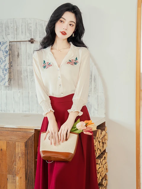 Retro French Elegant 2 Piece Set Women Single breasted Embroidered Shirt Top Red Vintage Skirt Sets Fall Fashion Women s Outfits AliExpress
