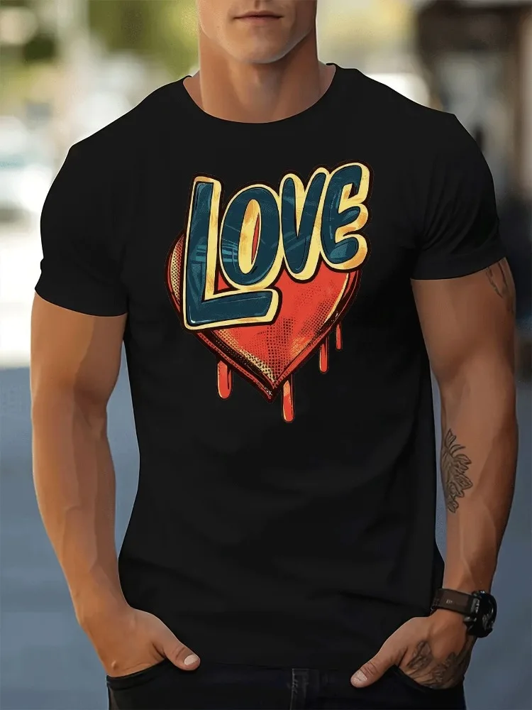 Pure White Male Short Sleeve Tshirt Vintage Drip Heart Love Letter Print Light Cotton Loose Fit Youth Daily Street Casual Top