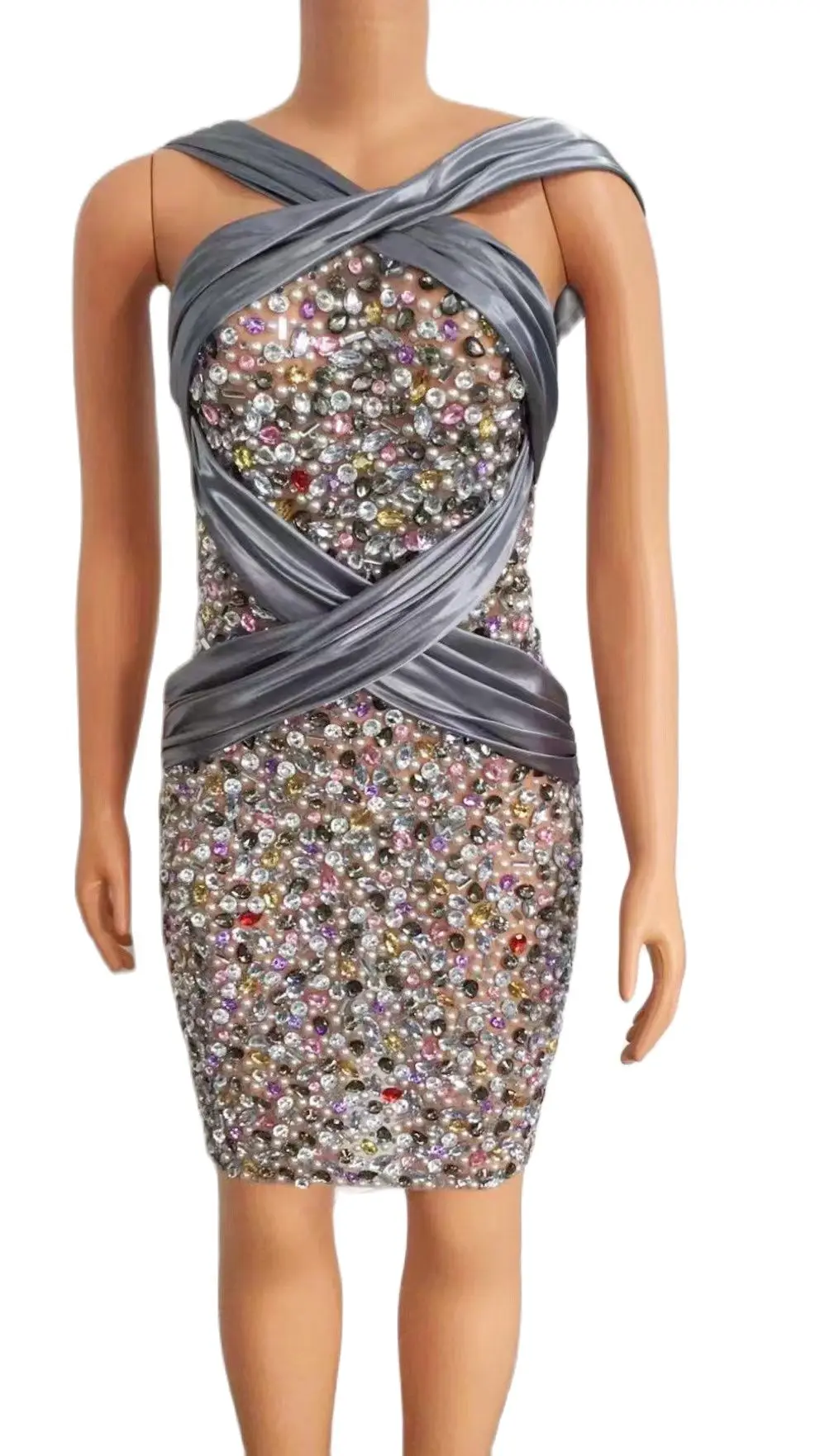 

Sparkly Multi-color Rhinestones BandageShort Dress Evening Birthday Prom PartyDress Women Dancer Show Crystal Costume