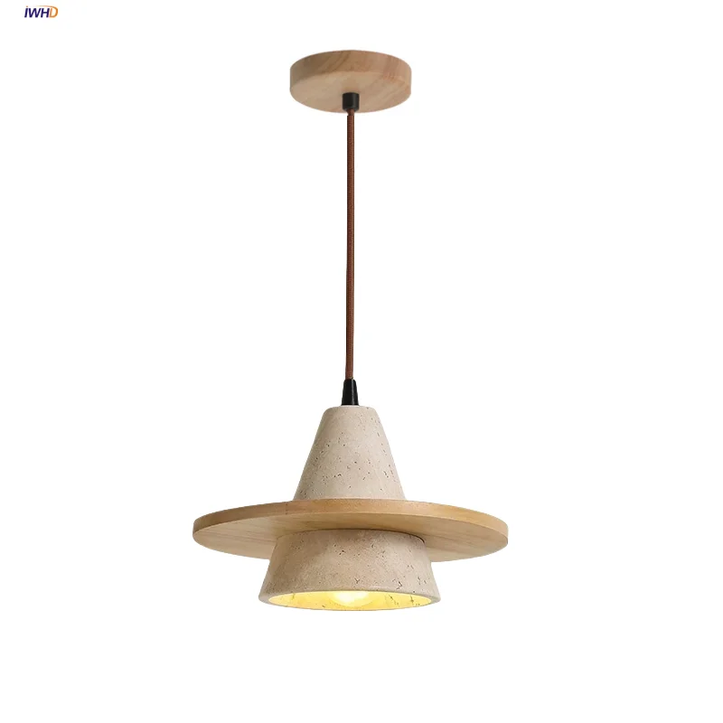 

IWHD Home Decor LED Pendant Lamp Wood Wire Adjustable Yellow Cave Stone Bedroom Balcony Coffee Wabi Sabi Hanging Light Fixtures