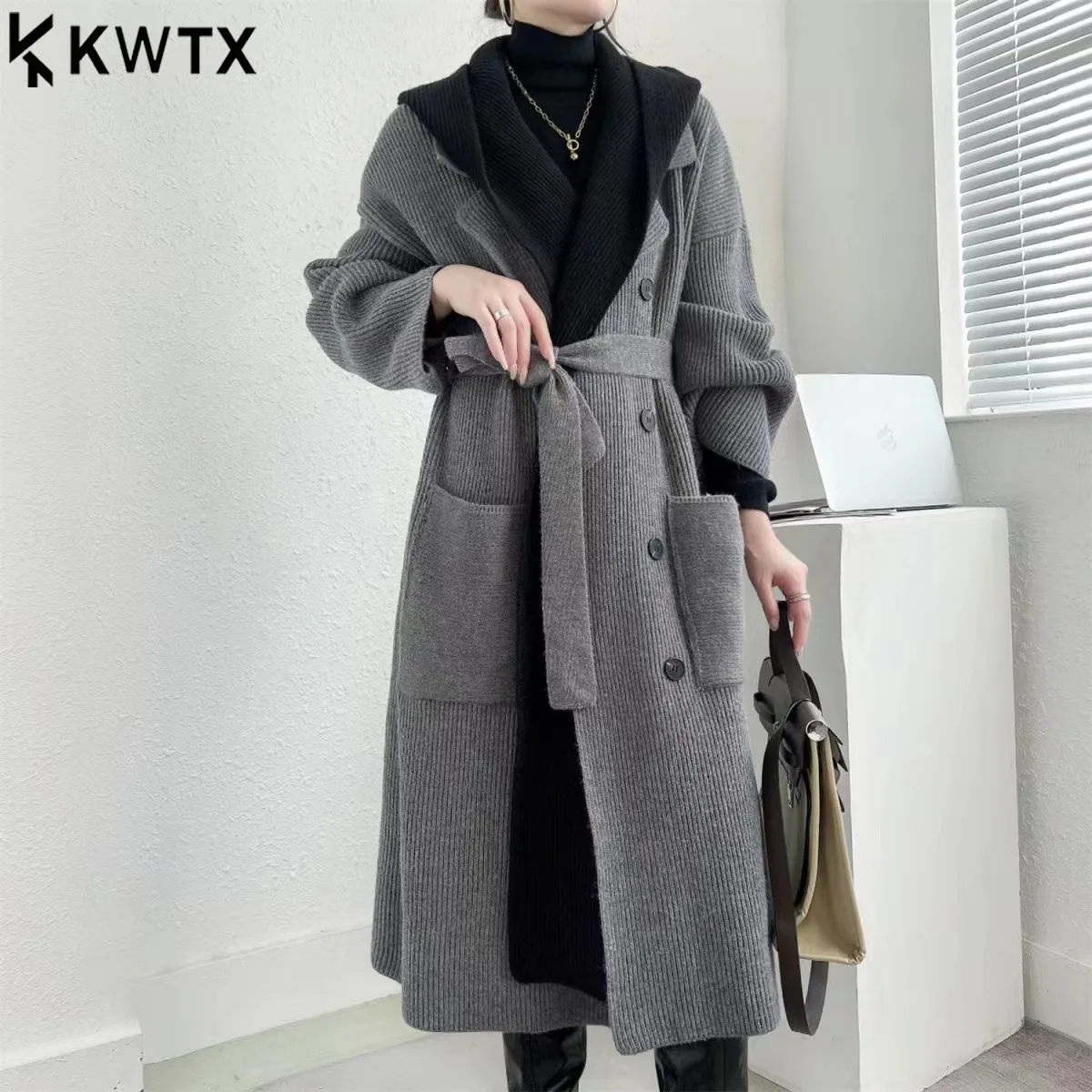 KWTX 여성용 2025 신상 컬러 블록 후드 롱라인 가디건 코트 더블 브레스티드 두꺼운 따뜻한 페이크 투피스 패치워크 포켓