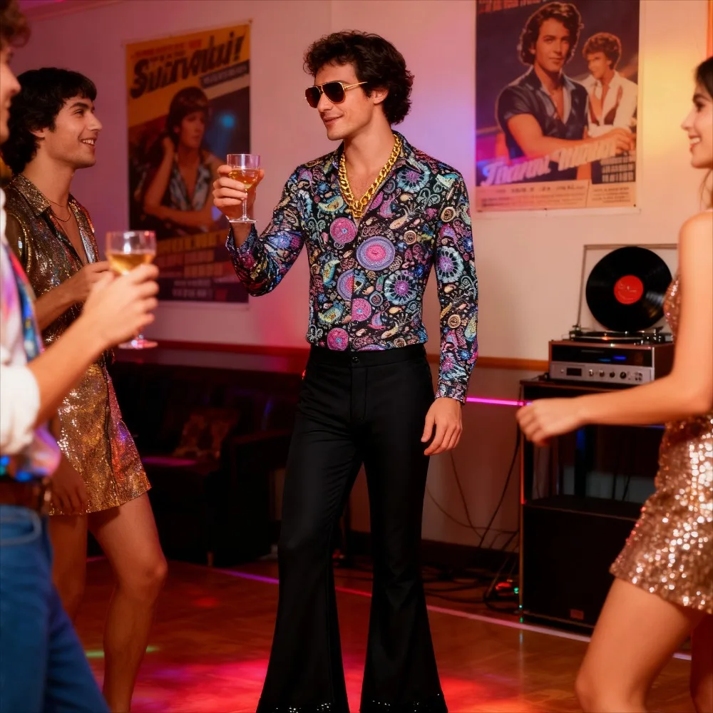 

Men's Stage Performance Disco Set - 70s Retro Floral Shirt High-Waisted Bell Bottoms