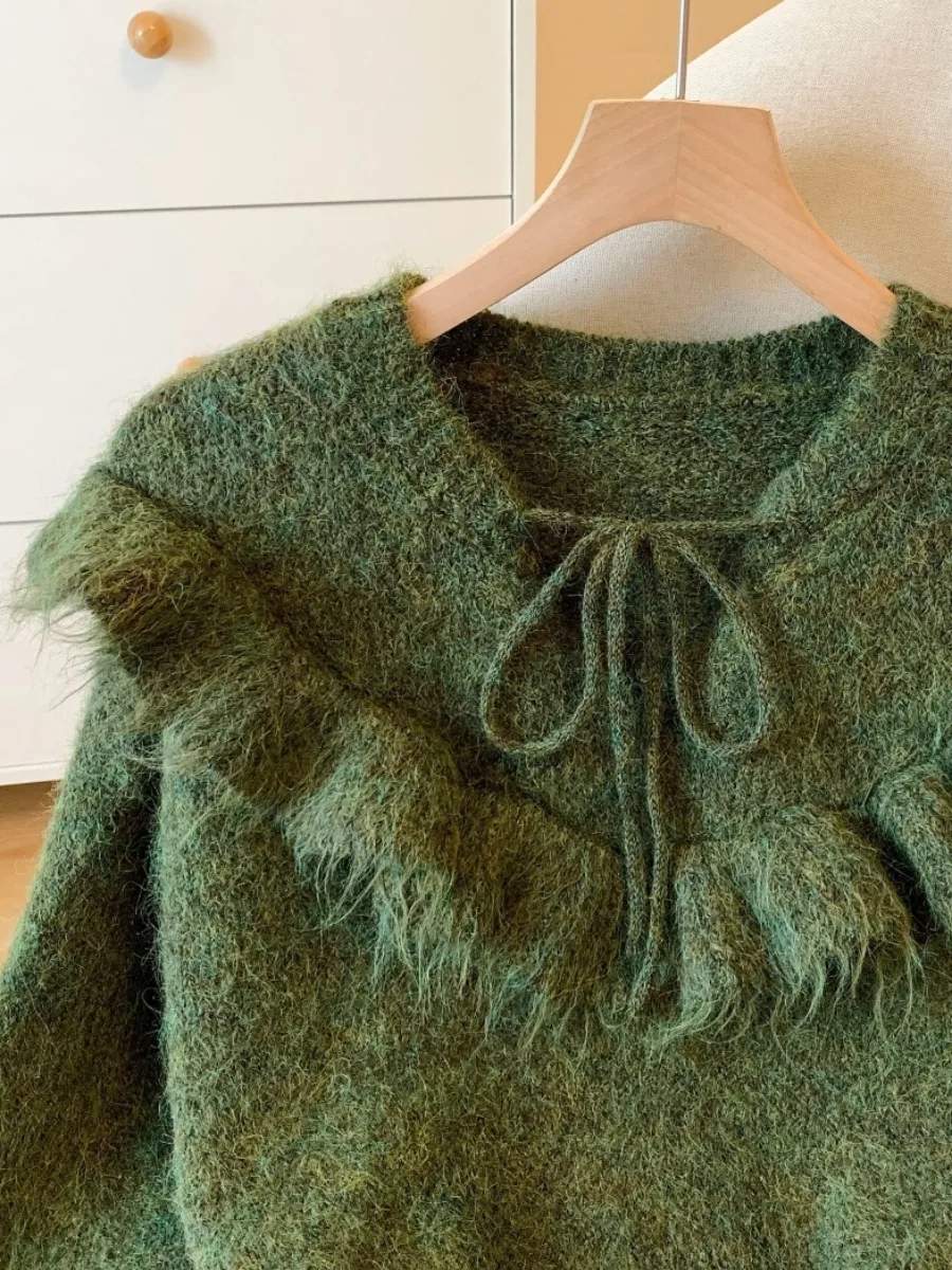 Korean Sle Gentle Ruffle Sve Knitted Sweater Women's Autumn Winter New Loose Lazy Sle Knitwear Self-Kee Model