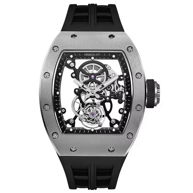 CRONUSART Men Tourbillon Watch Tonneau Mechanical Wristwatch Titanium Waterproof Luminous Sapphire Mirror Skeleton FKM Strap