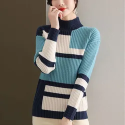 Neue Herbst/Winter Mode koreanische Ausgabe Farb block halbhohen Hals lose vielseitige westliche Stil schlanke Damen Strick pullover