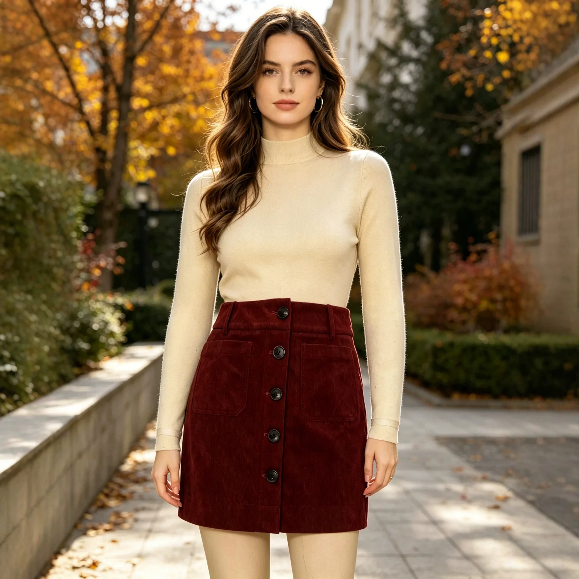 Autumn. And Winter Red-brown Elegant Corduroy Short Skirt For Women, High-waisted Buttoned,   Slim-fit A-line Skirt