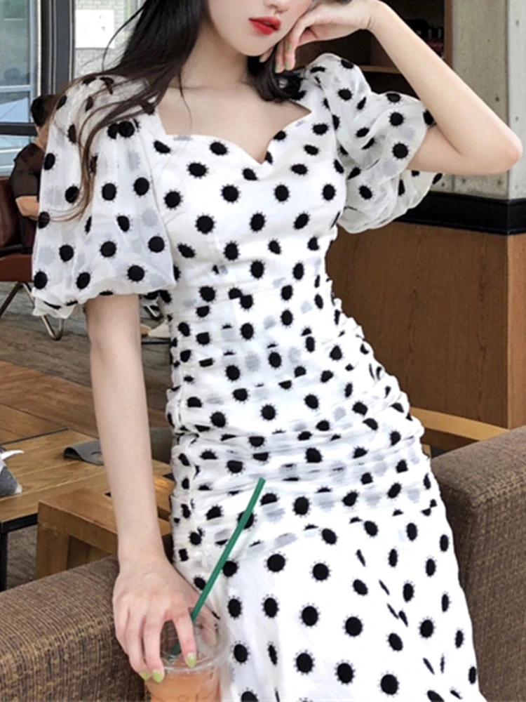 Women\'s Summer Dot Print Midi Dress Short Sleeve Elegant Party Vestidos Female Fashion Casual Clothes