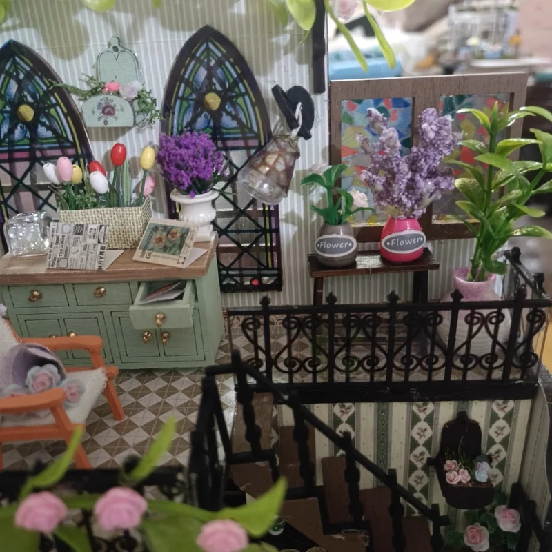 Hongda DIY handgemachtes kleines Haus, Puppenhaus, doppelschichtiges Gartenhaus, Villa, Mini-3D-Gebäudemodellbaugruppe