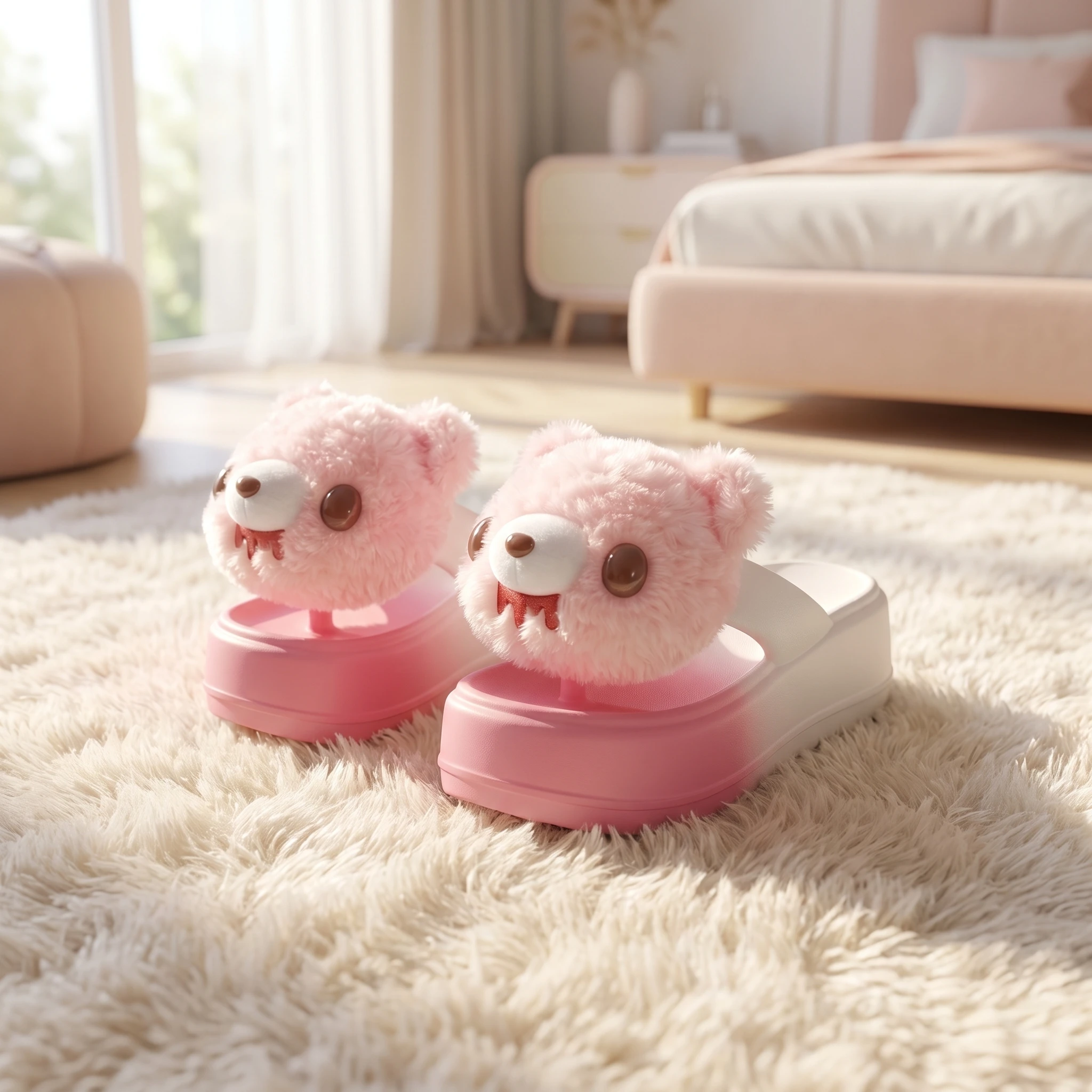 Cute Plush Bear Gradient EVA Platform Flip Flops Women Thick Wedge Heel Clip Toe Slippers Non Slip Outdoor Beach Sandals