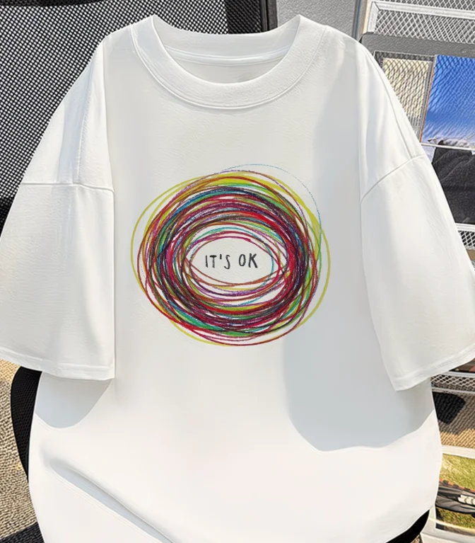 Women It's Ok Colorful Swirl T Shirt Mental Health Awareness Print Short Sleeve O Neck Casual Tops Black Streetwear Daily Wear