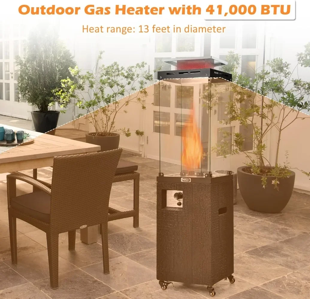 41,000 BTU Propane Patio Heater with Waterproof Cover, Outdoor Heater with Lockable Wheels, Adjustable Feet, Tempered Glass