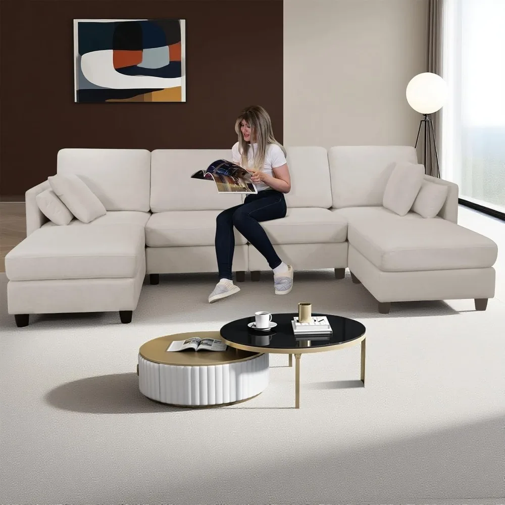 

116" W U-Shaped Sectional Couch with Double Ottoman, Cloud Sectional Couches for Living Room, 4 Seat Sofas with Teddy Fleece