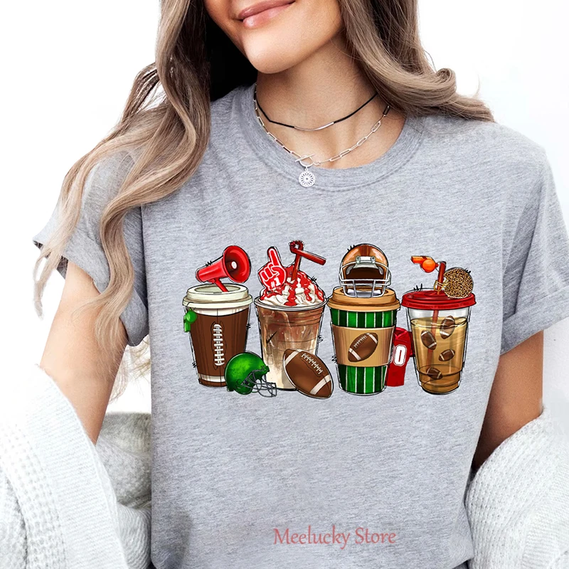 American football coffee drinks cup print pattern Summer women's round neck short sleeved top made of durable pure cotton