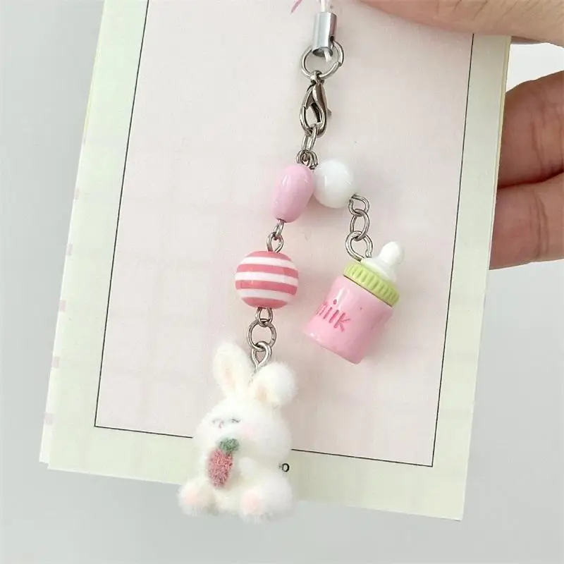 Porte-clés lapin floqué, joli Animal, bouteille, pendentif, sac à dos, ornements, lanière de sac, chaîne de téléphone, cadeaux de Couple