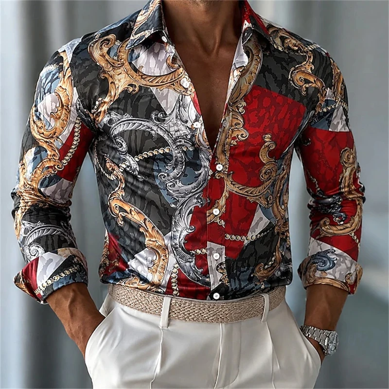 New Men's Vintage-Style Shirt for Autumn Collared Button-Down with Luxurious Gold Pattern Print Ideal for Banquets and Parties