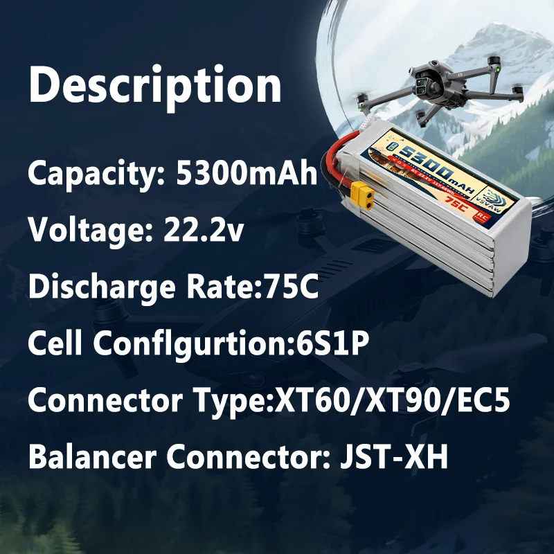 Akumulator Lipo VSVAW 6S 5300mAh złącze XT90 / XT60 75C 22.2V do drona, quadcoptera FPV, helikoptera, samolotu, samochodu, łodzi