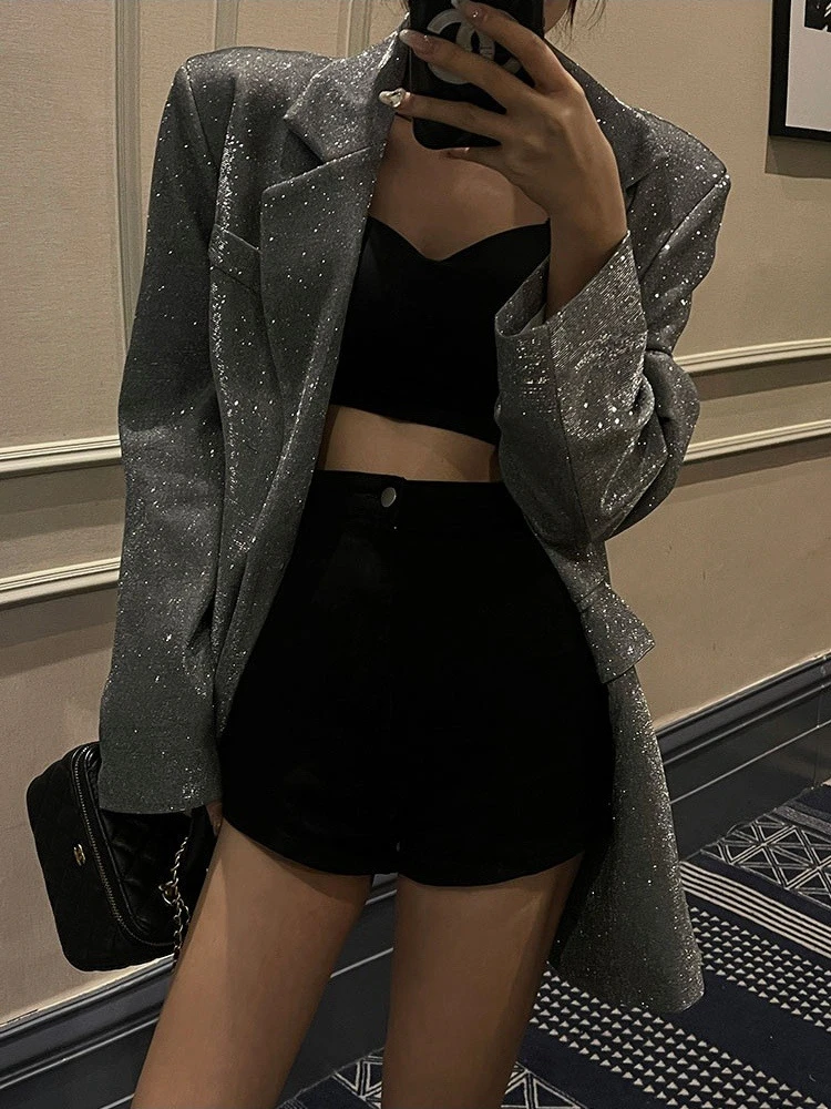 2024 Spring Autumn Women Silver Sequin Blazer Woman Over  Sized Suit Jacket Fashion Elegant Female Party Club Coat Women