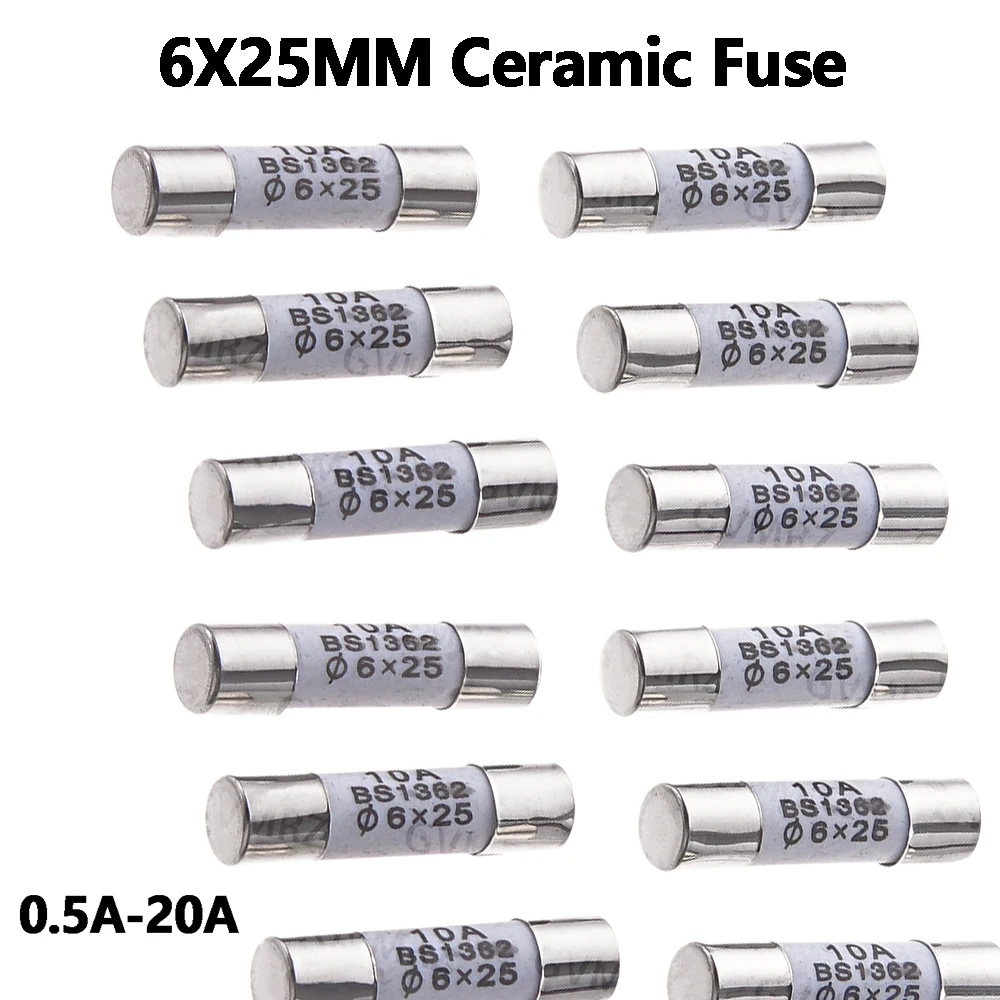 10PCS 20A 2A 3A 5A 6A 10A 6X25MM 30A 0.5A 1A  250V RO57 Fuse BS1362 6*25mm Ceramic Fuse 6*25 Ceramic insurance Tube  7A 8A 25A