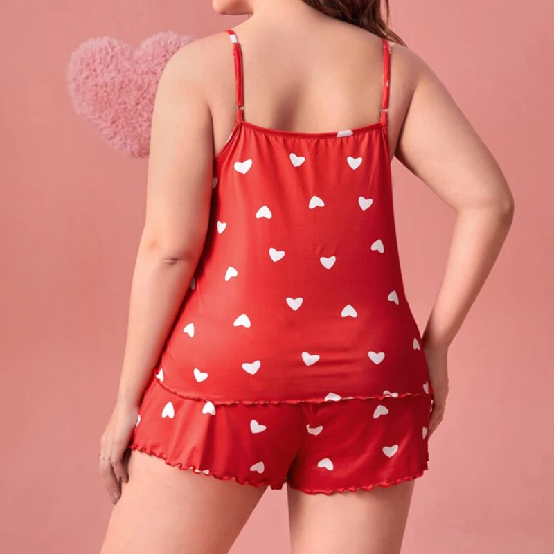 Plus-Size XL-5XL Women Pajama Set Nightgowns Cami Shorts Nightclothes  Sleeveless Nightwear Red Love Print Soft Sleepwear Summer