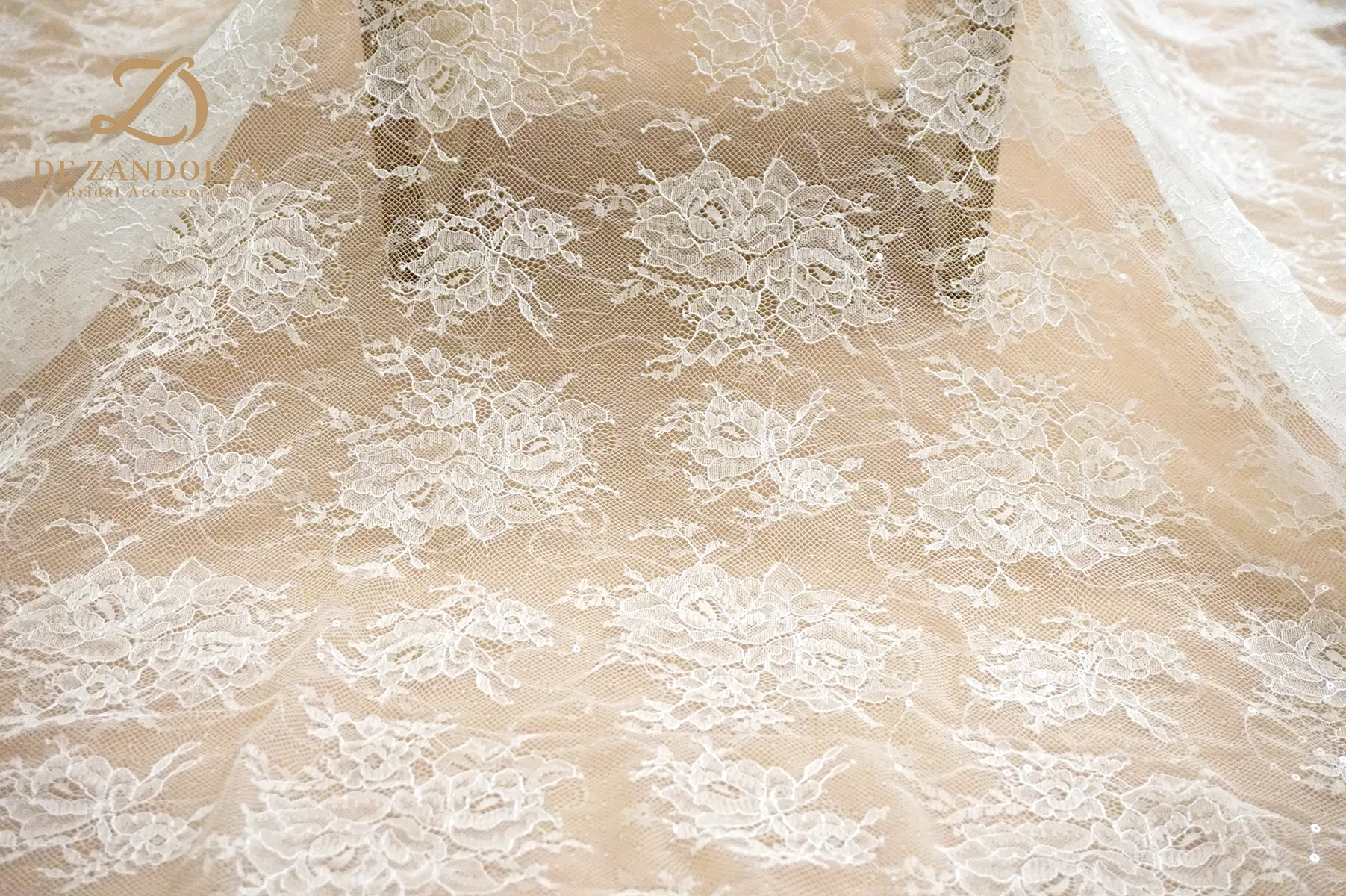 Off-white French Lace Fabric of bridal Sequins Floral Embroidery Eyelash Lace Soft Tulle Wedding Fabric Width 59