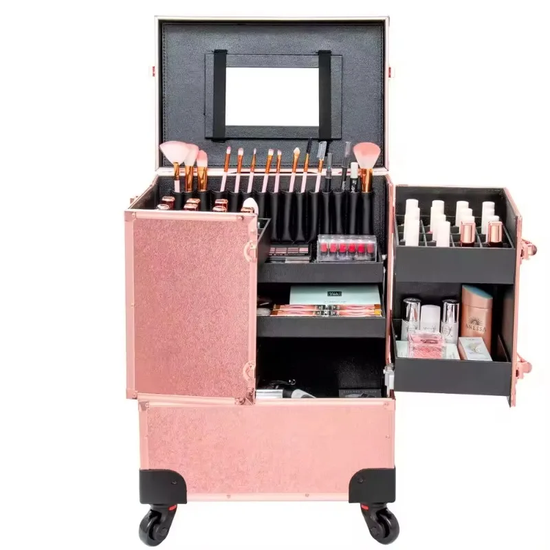 Portable Travel Makeup case ,Large Capacity Multi-functional Travel Makeup Bag Pink Portable Makeup case with Mirror/