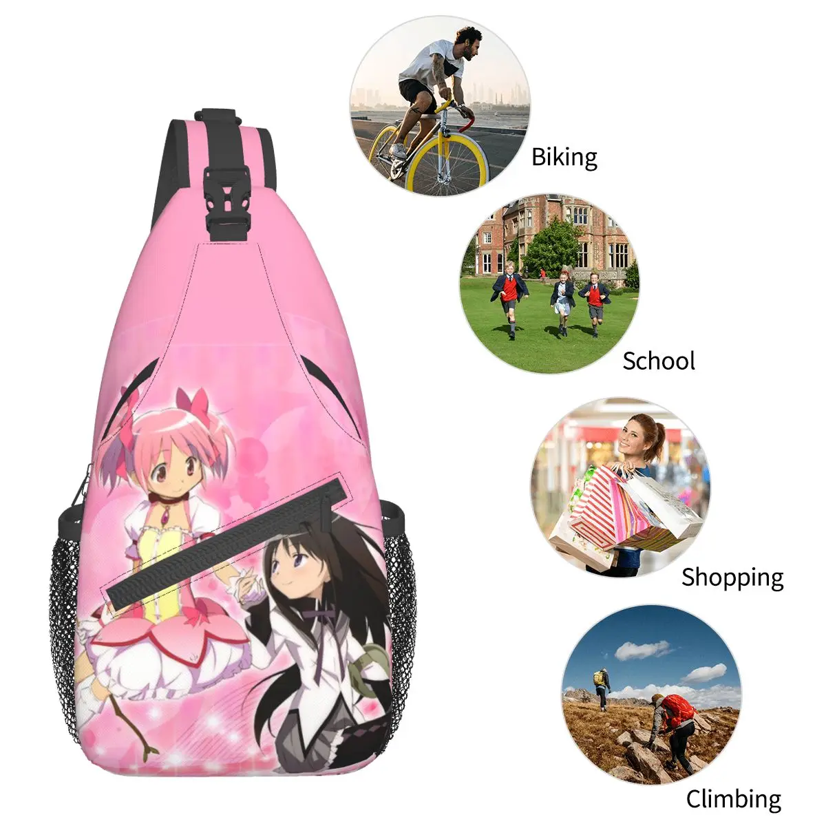 Puella Magi Madoka Magica Sling Bag pequeno, Mochila Crossbody Sling Shoulder, Mochila de esportes ao ar livre, Anime Homura Akemi legal