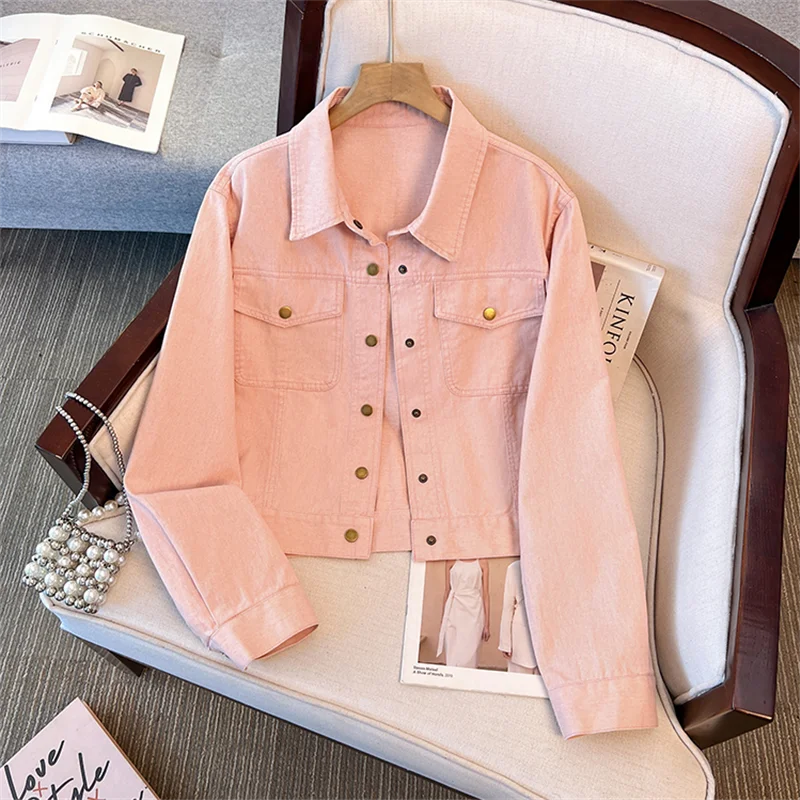 

Pink Khaki Denim Jacket Women Spring Autumn Short Cowboy Outerwear Loose Big Pocket Lapel Long Sleeve Jeans Jacket Streetwear